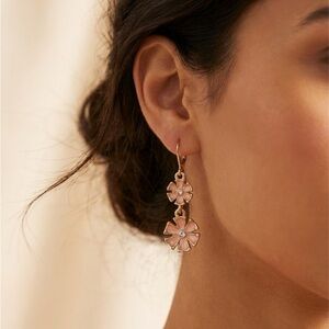 Vintage Napier Pink Enamel Rhinestone Flower Dangle Earrings